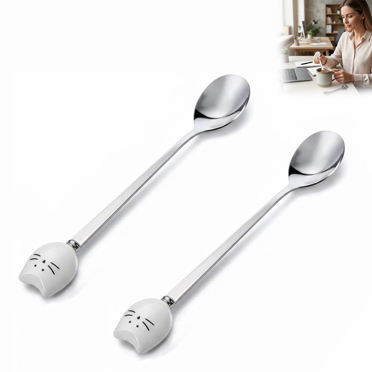 Set van 2 Kattenvormige Theelepels- Wit Roerlepels voor Koffie- Thee en IJs- Decoratieve Besteklepels voor Keuken- Café en Dagelijks Gebruik