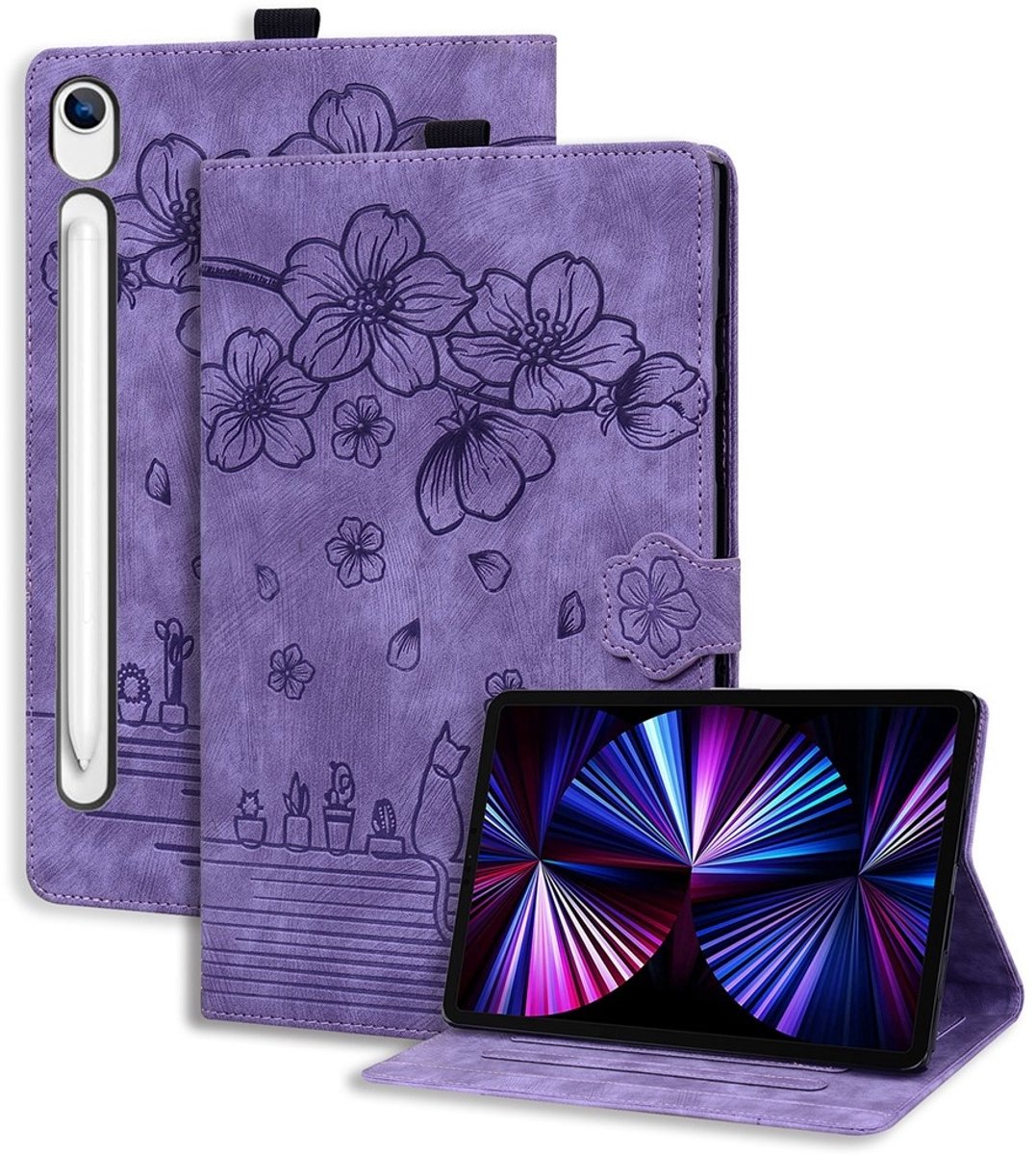 Coverup Tablethoes geschikt voor Samsung Galaxy Tab S10 Lite / S10 FE / S9 FE / S9 / S8 / S7 Hoesje - Flowers & Cat Book Case - Paars