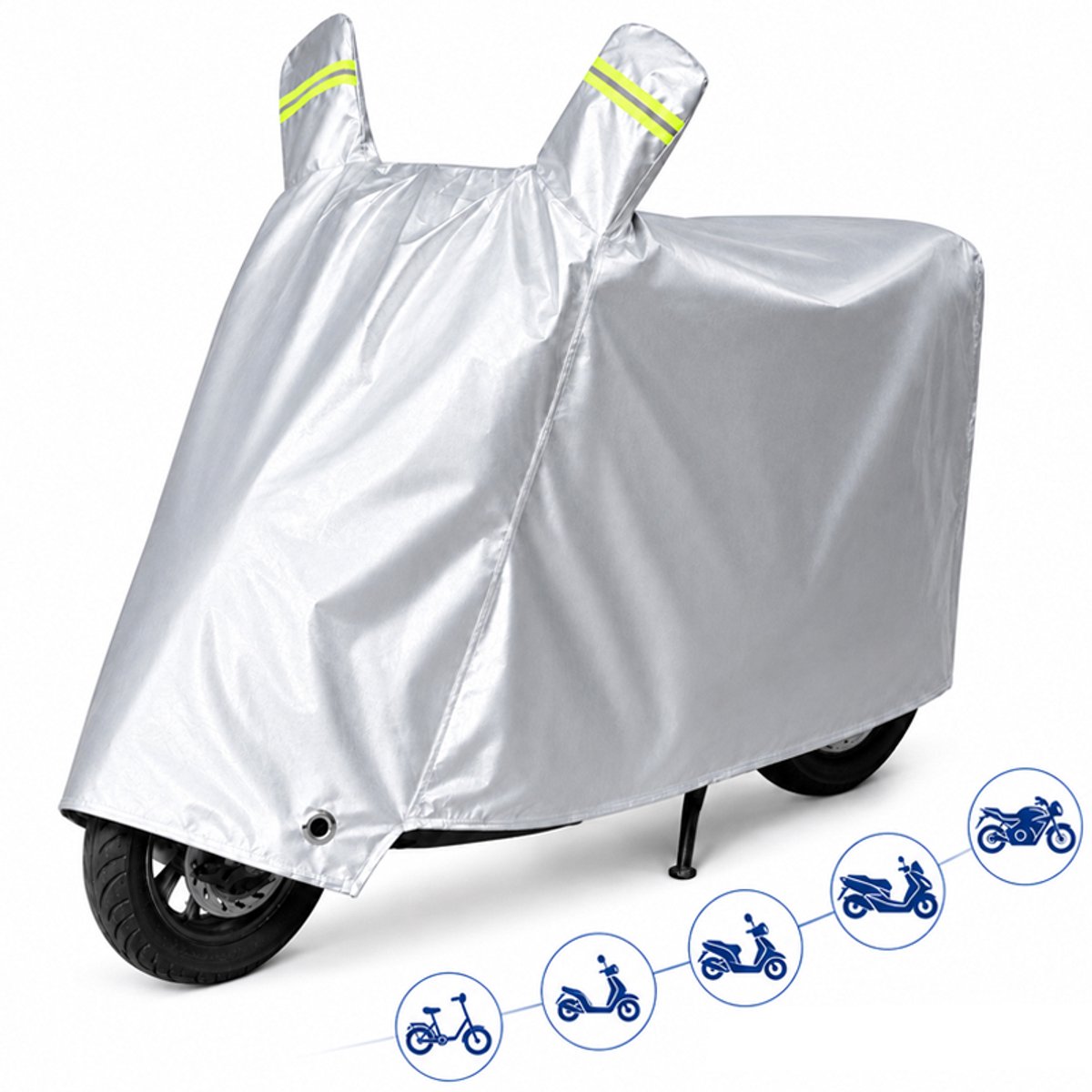 VHV-Scooterhoes - Beschermt tegen regen, zon, stof en vuil - XXL - Windvast met klikgesp - Motorhoes met reflectiestrepen en slotgat - Voor scooter, brommer, e-bike en motor - 240*105cm - Zilver