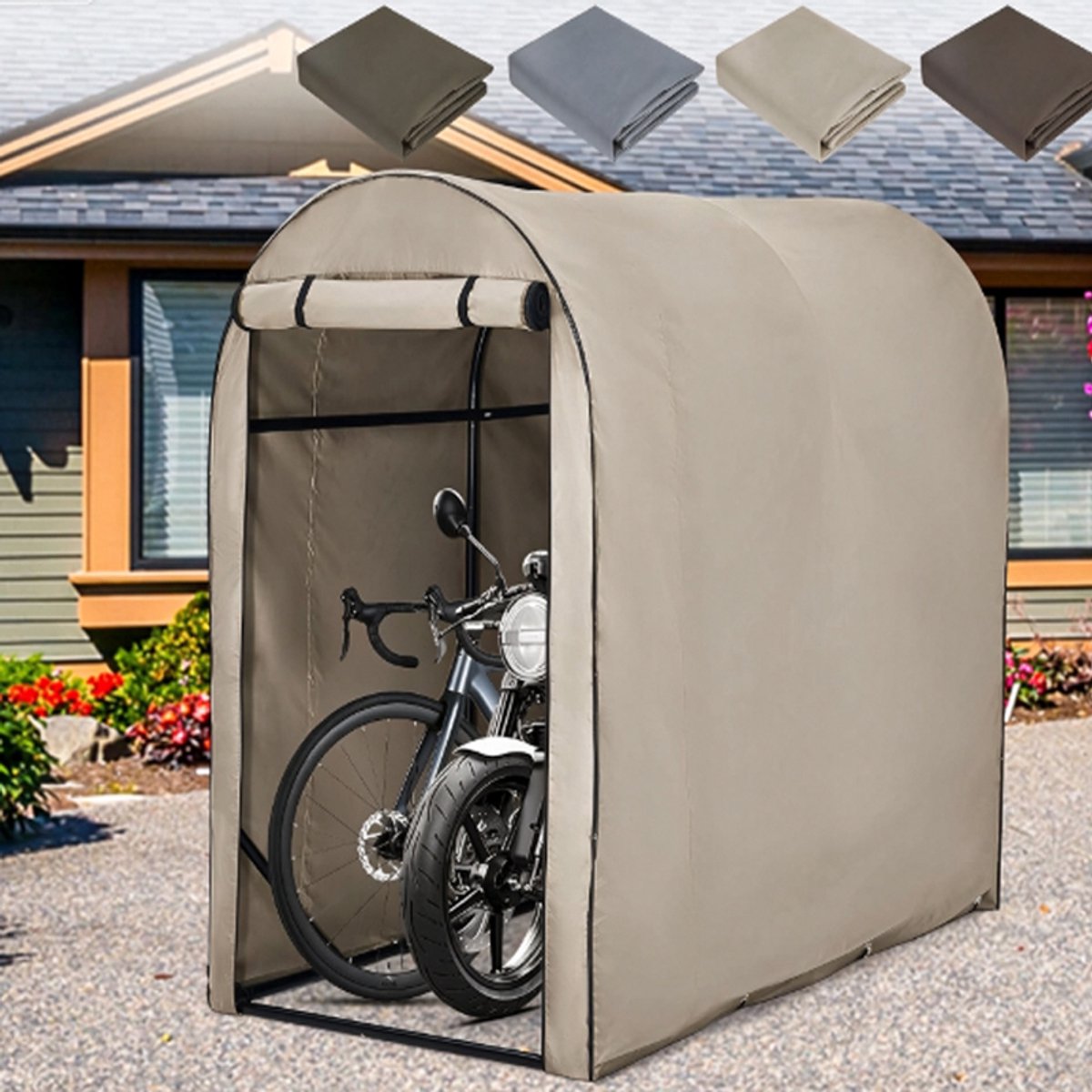 Fietstentdoek, steunframe niet meegeleverd, alleen de tentdoek is inbegrepen,420D – Waterdicht en UV-bestendig – Bescherming tegen regen en zon – voor 2 tot 3 fietsen of motoren – B94*D180*H157CM, kaki
