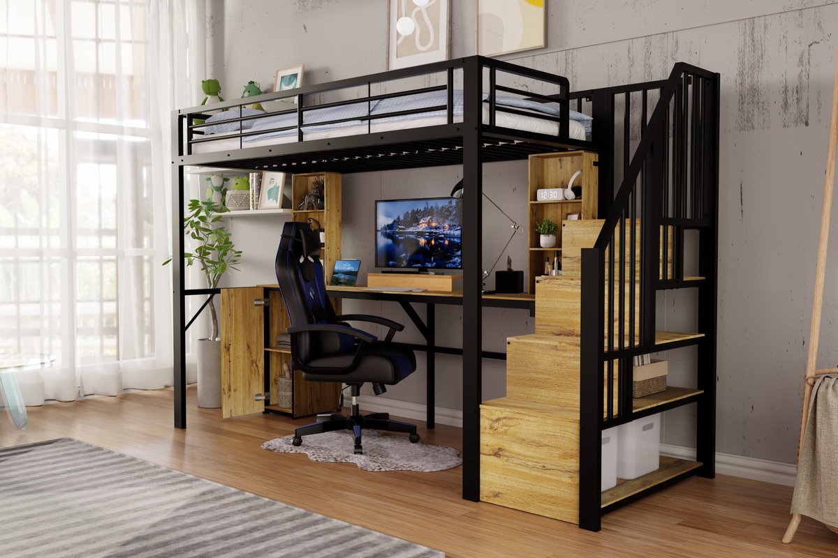 Kinderbed, Metalen Hoogslaper 90 X 200 cm, Met Stevige IJzeren Constructie, Praktisch Bureau, Opbergvakken, Kledingkast, Opbergtrap En USB-Oplaadpoort Op Het Tafelblad – Zonder Matras, In Zwart.