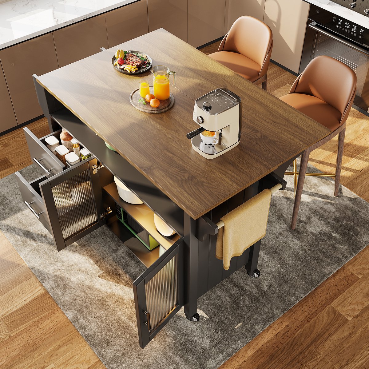 Keukentrolley - met mobiel ontwerp en inklapbaar werkblad en opbergruimte - zwart - afmetingen 139 x 40 x 94,5 cm - voor een praktische keuken