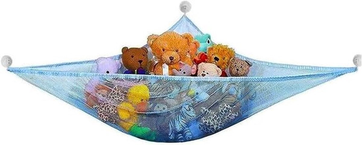 - Ophangmattennet - Speelgoedorganizer - Netjes met haken - Blauw - Kinderkamer - Geschikt voor Toys - Wandlussen