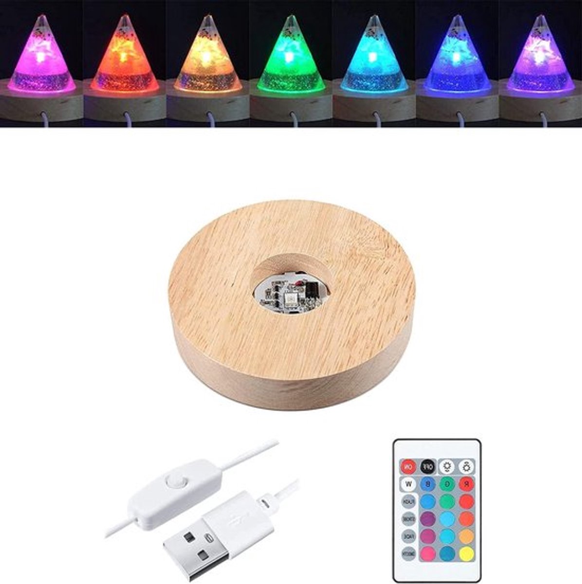 Kristal displaystandaard - LED-lampvoet - Rond houten sokkel - Verlicht - Kristalglas - Hars kunstwerk - Geschikt voor diverse formaten - Multikleurige afwerking - Decoratieve verlichtingsopties.