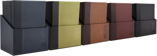 Rij met menukaarthouders in verschillende kleuren: grijs, groen, bruin en rood.