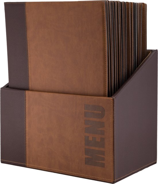 Bruine menubox met 'MENU' erop. Twee menukaarten in bruin met donkerbruine randen.