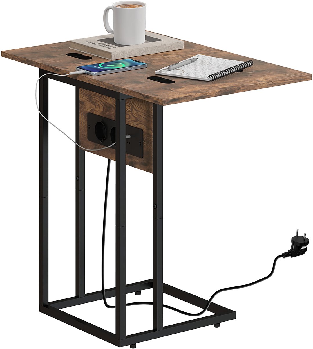 Tafeltje voor naast de bank – met oplaadstation – opklapbaar tafelblad – 39 x 29 x 57 cm – bruin en zwart