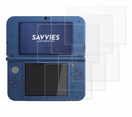 Nintendo New 3DS XL bleue avec cinq protections d'écran Savvies, se chevauchant partiellement sur les écrans.