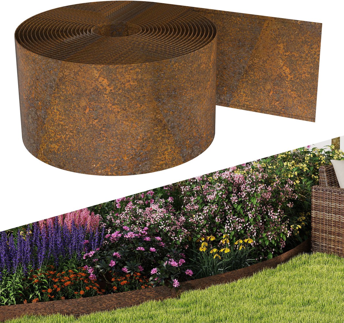 Froadp 35 meter gazonrandafscheiding, 18 cm hoog, bloembedafscheiding, verroest effect, flexibele bloembedafscheiding, verroest metaal, gazonrandafscheiding, metaal, geschikt voor bloembedden en paden, eenvoudige montage – recht model