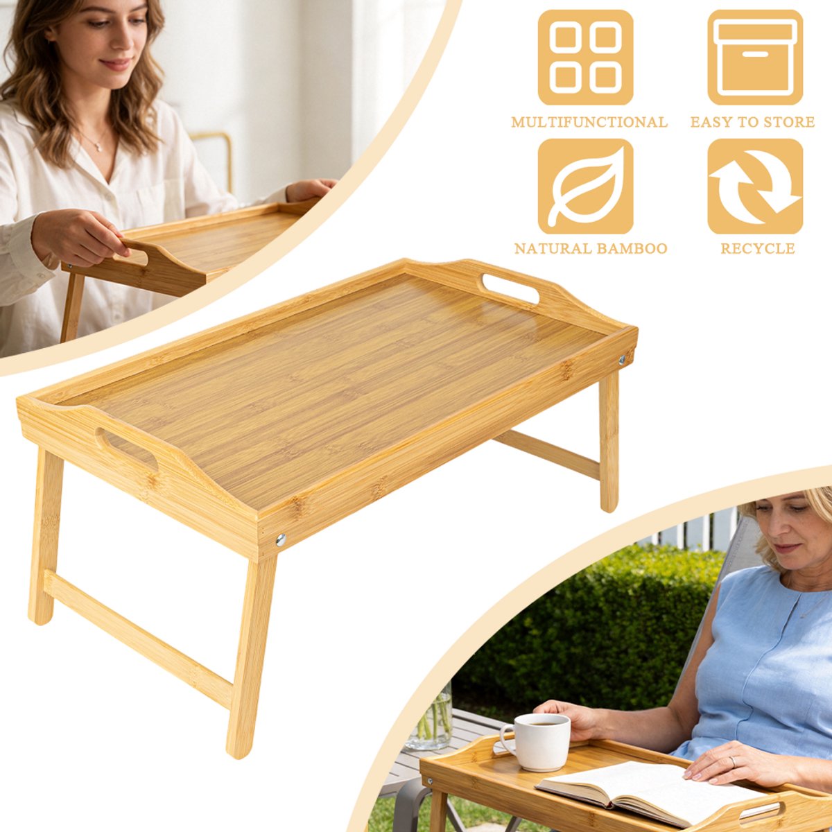 Opvouwbaar Bamboe Dienblad - 31x51x23,5 cm Natuurlijk Hout Multifunctioneel Nachtkastje- En Laptopblad - Ruimtebesparend Gemakkelijk Op Te Bergen - Perfect Cadeau Voor Ouders
