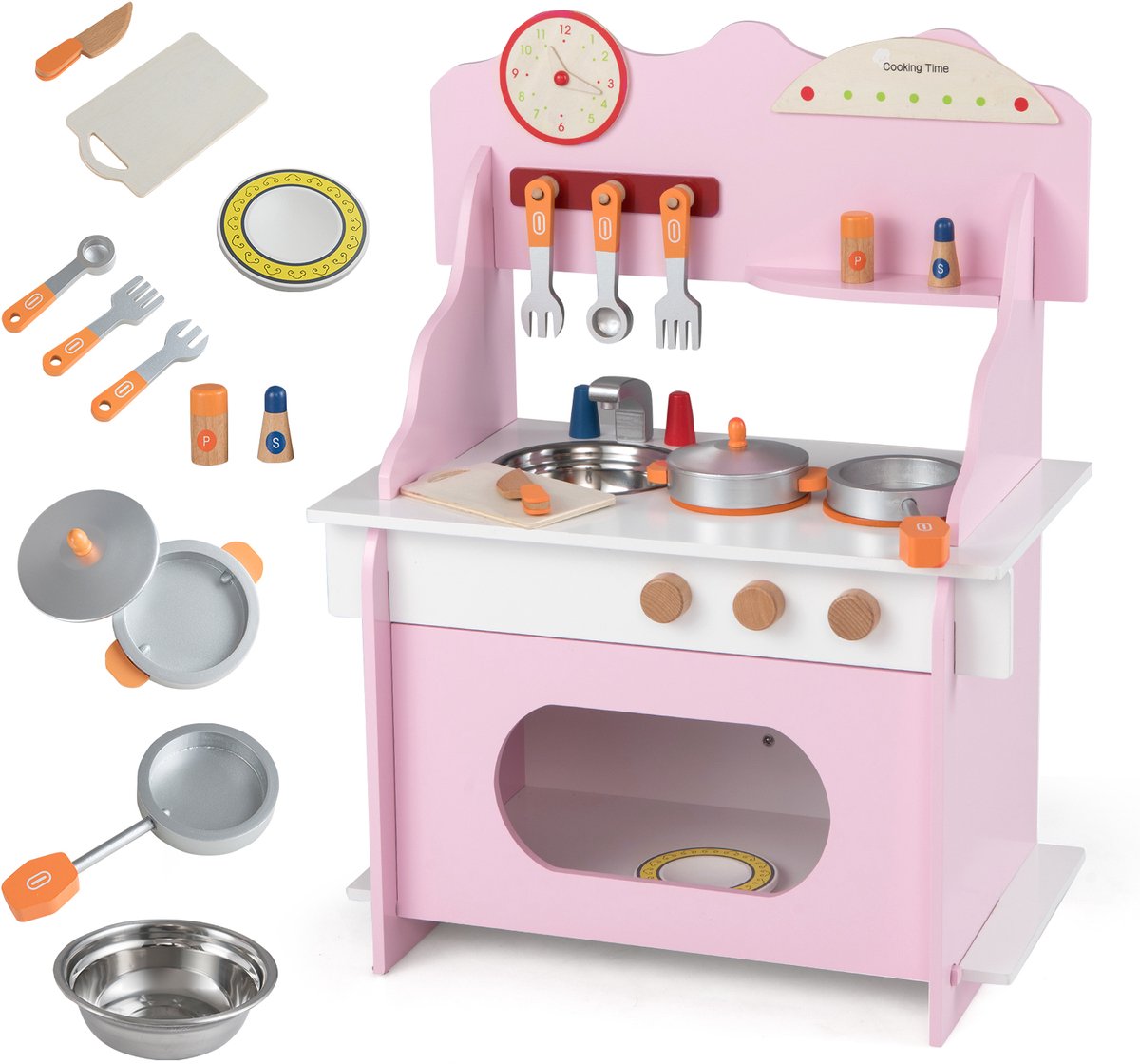 COSTWAY Kinderkeuken, hout, speelkeuken met klok, fornuis, kruidenrek, kraan, gootsteen en oven, speelgoedkeuken incl. 12 accessoires, keukenspeelset voor kinderen vanaf 2 jaar (roze)