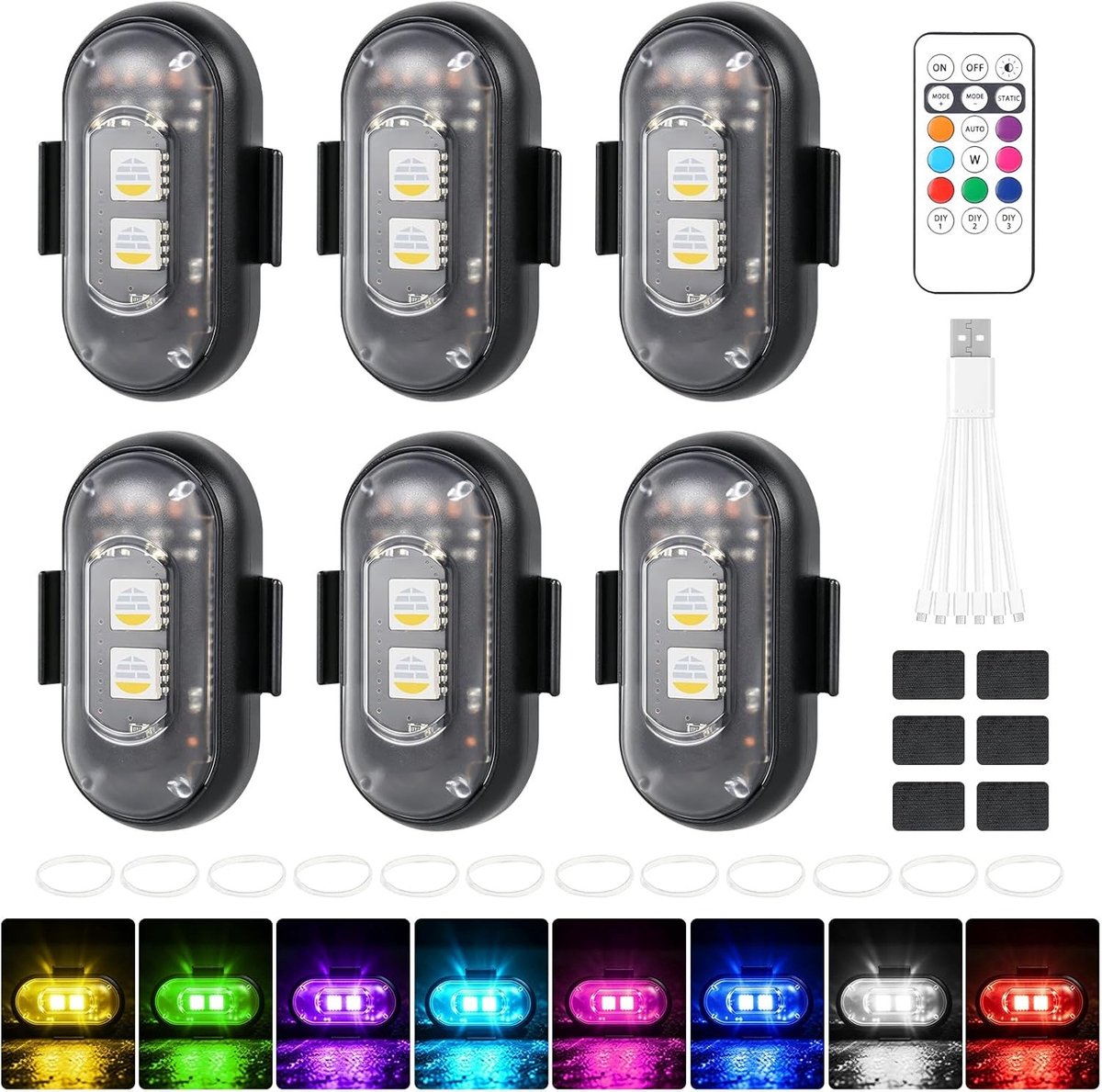 Set van 6 Draadloze LED Lichten in 8 Kleuren, Waterdicht, Met Afstandsbediening, Oplaadbaar via USB, Ideaal voor Motorfietsen, Drones, Kamperen en Vissen