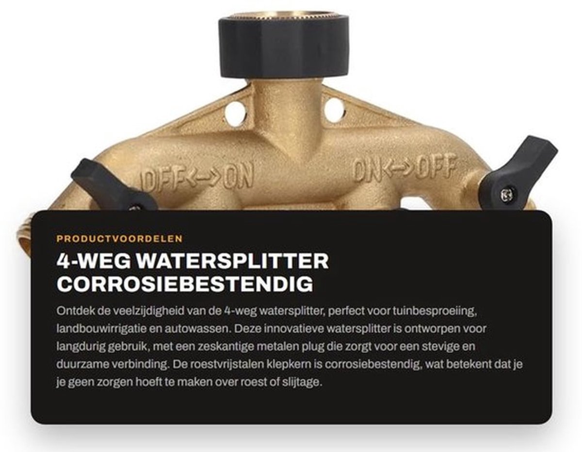 4-weg Watersplitter - Corrosiebestendig - Duurzaam - Voor Tuinbesproeiing - Ideaal voor Landbouwirrigatie - Geschikt voor Autowassen