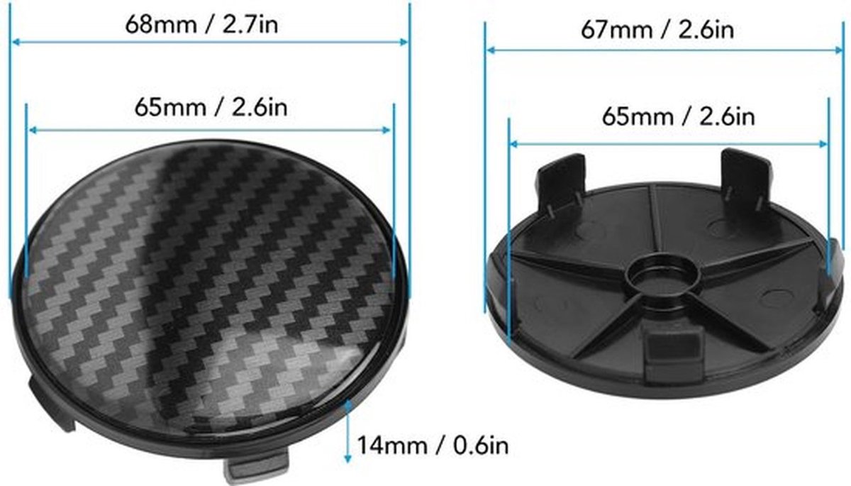 Wielnaafafdekkingen 68 mm - 4-delige set - ABS/Metaal - Koolstofvezelstijl - Geschikt voor aangepaste wielen - Totale hoogte 14 mm - Naafdoppen
