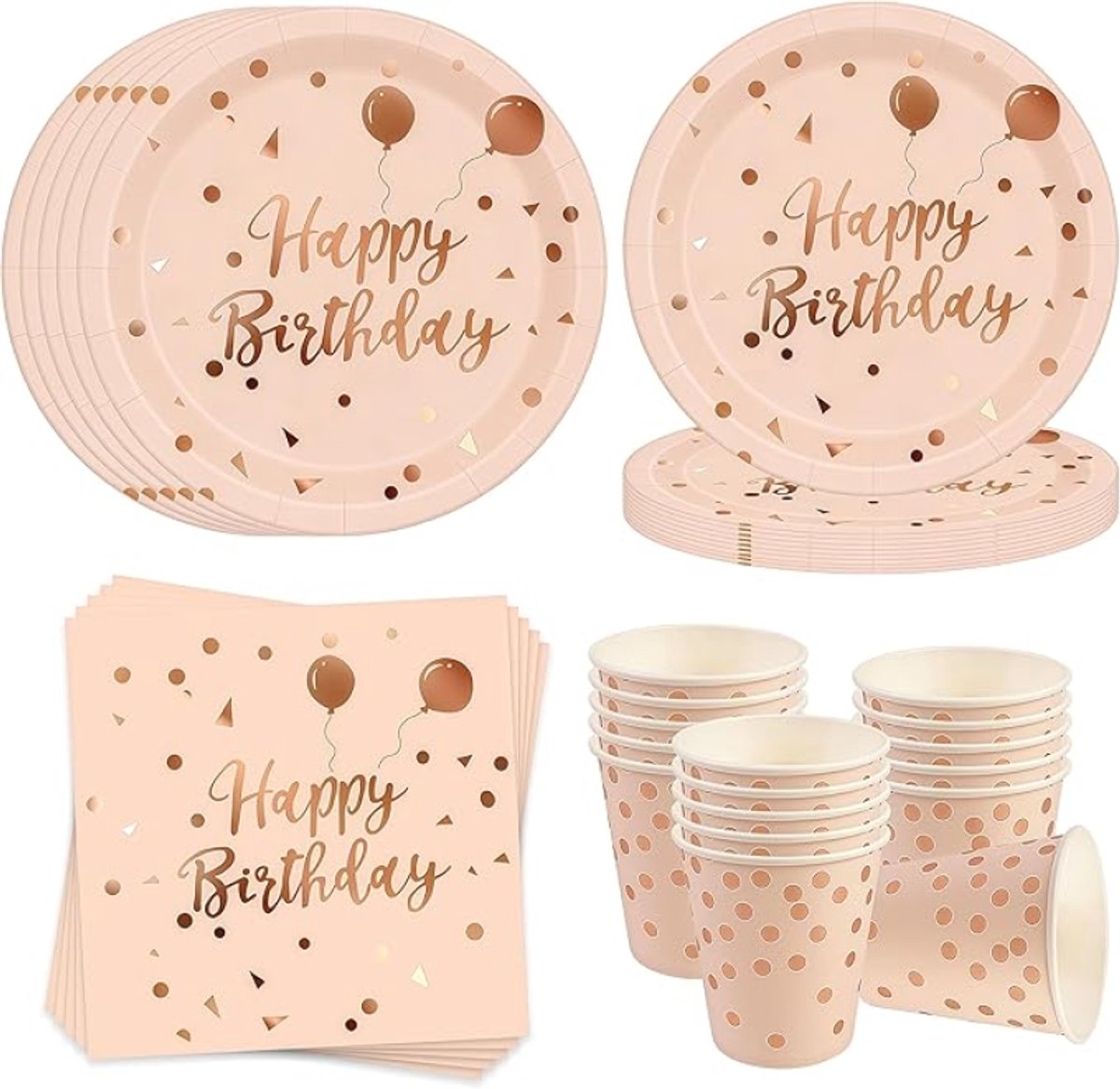 Roségoud verjaardagsfeestservies voor 16 gasten, 52 stuks Happy Birthday partyborden, servetten en bekers
