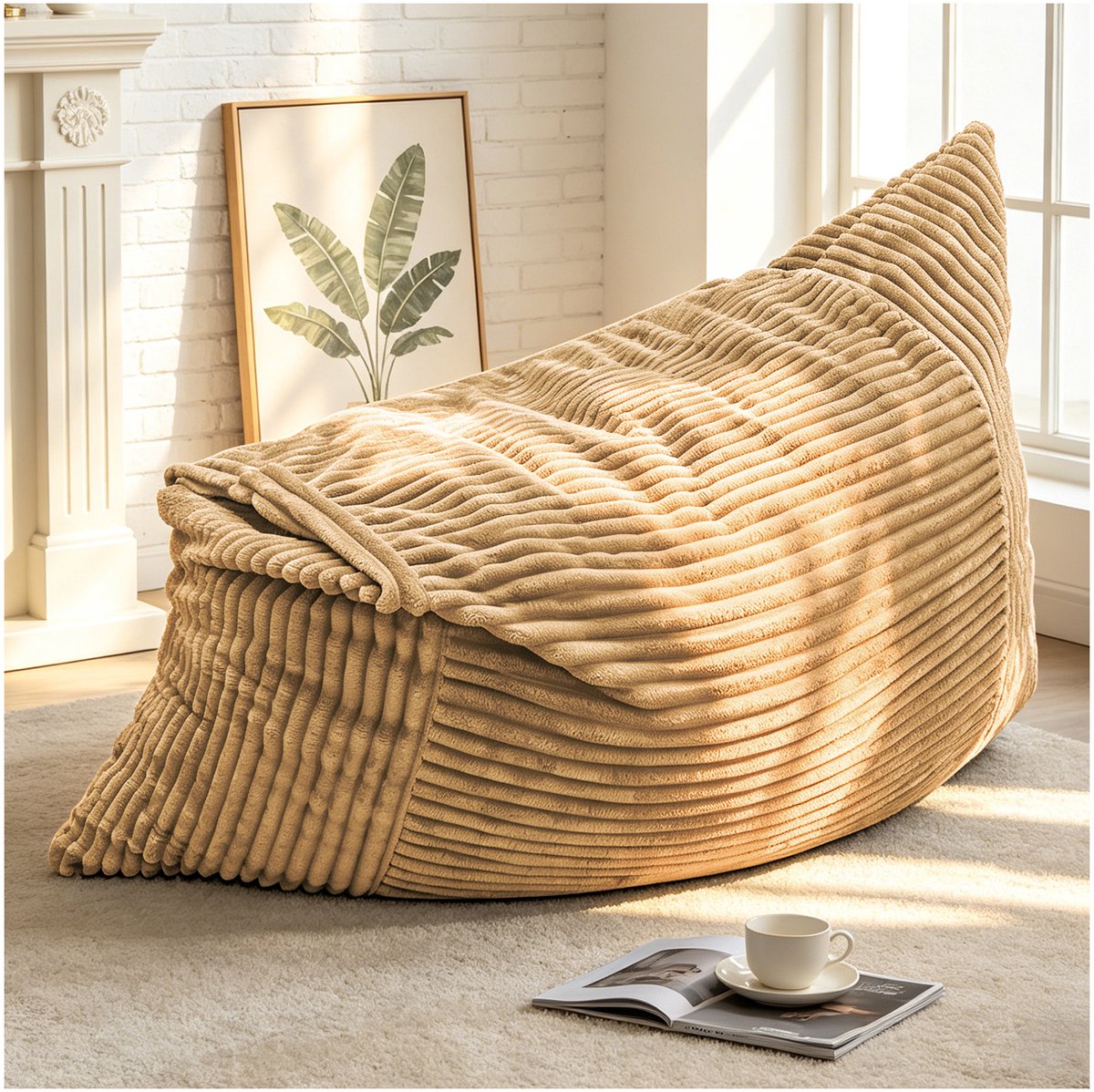 Zitzak - 3 In 1 Omvormbare Lounger Met Ribstof - Grote Beanbag Stoel Geel 180x125 cm