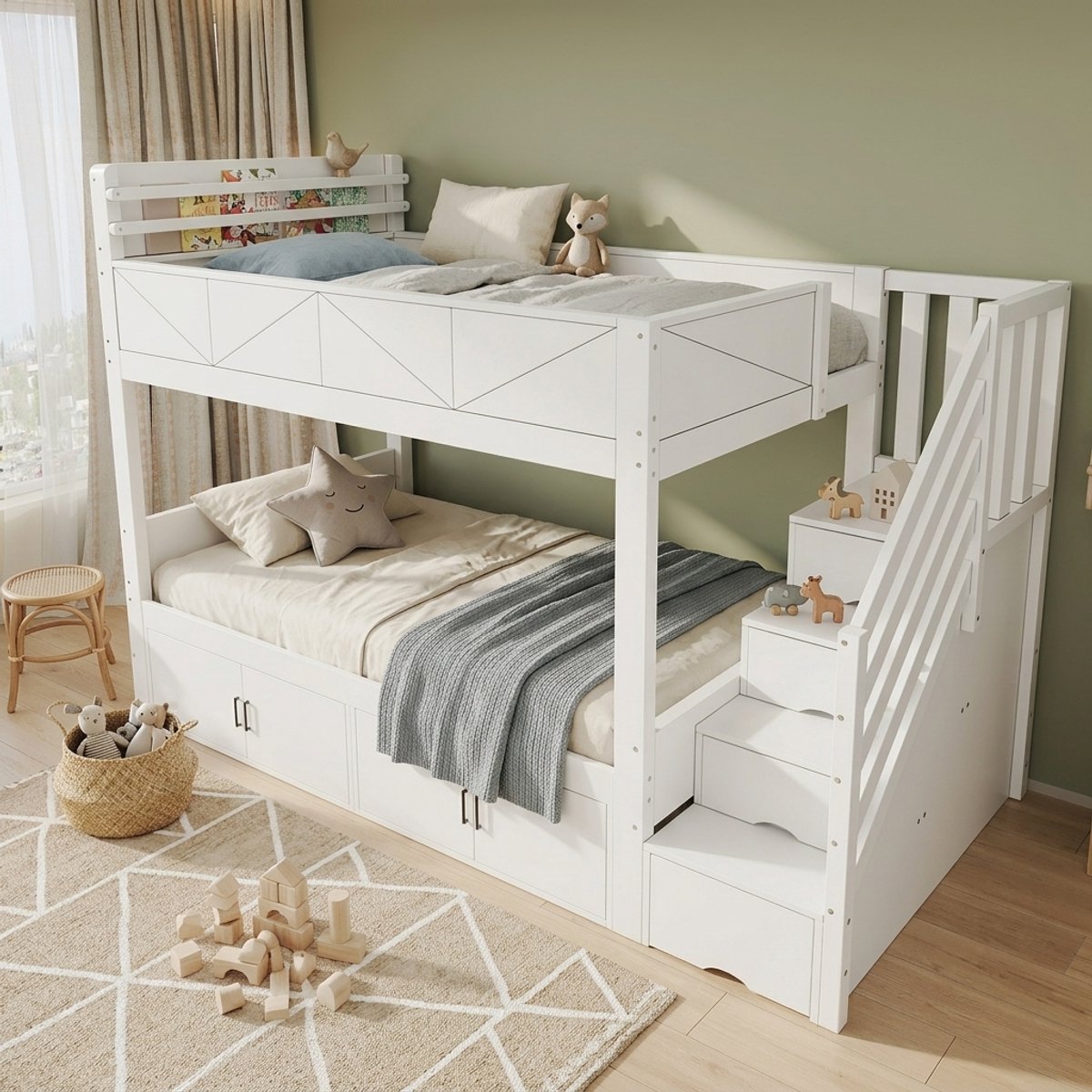 Etagenbed met Opbergruimte 90x200 cm - Wit Meubel met Stauraumtreppe en Schrank - Modern Paneel-Design