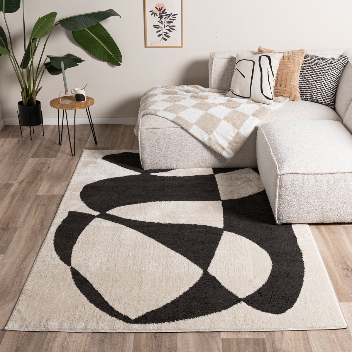 Fraai Japandi vloerkleed - Yori Abstract Creme/Zwart - 200x290cm