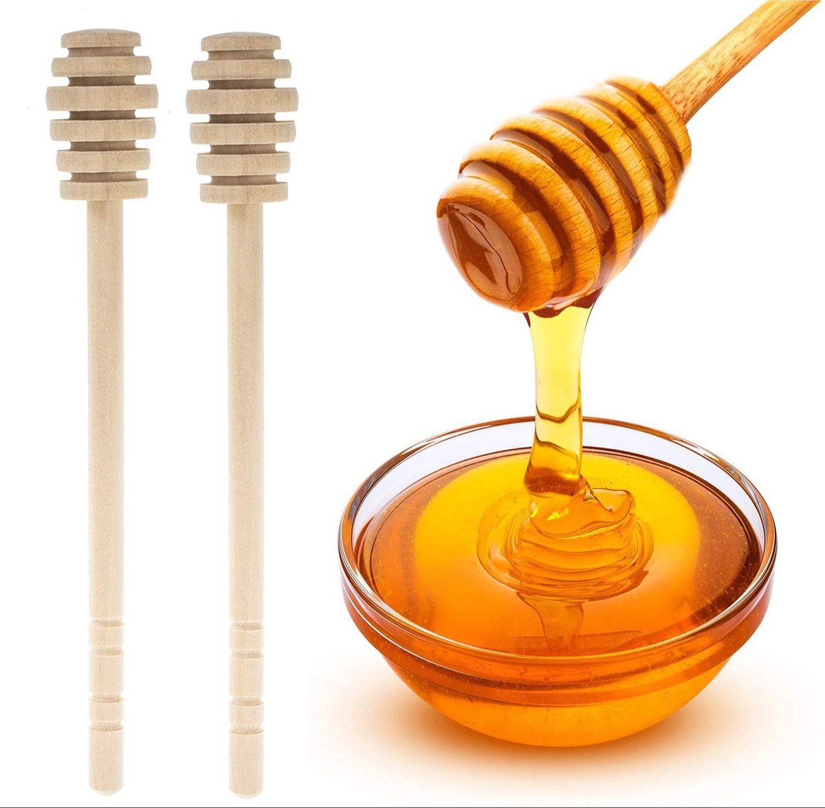 2x honinglepel - Honing dipper - Honey dripper - Roerstaaf - Honing roerder - Keukenaccessoire - Thee - Hout - 15 cm - Jonyx