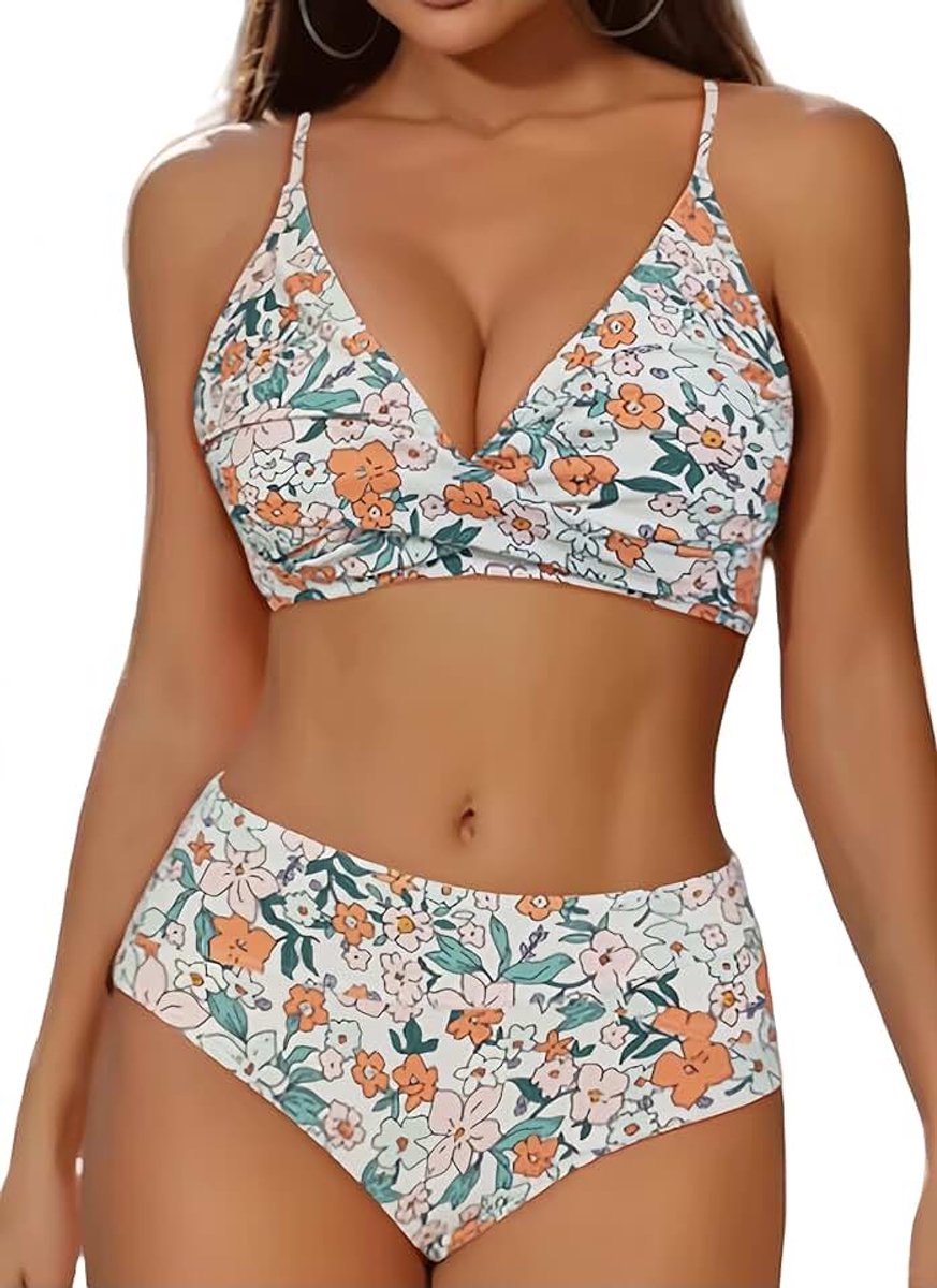 Badpak voor dames, tweedelig, push-up-bikini, gevoerd, tankini met shorts, hoge taille, tweedelige set, gevoerd