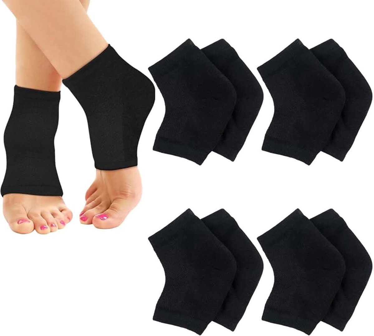 Hielsokken Gel Linked Open Toe voor Droge Hielkloven, Vrouwen Mannen SPA Voetverzorgingssokken, 4 paar, Zwart