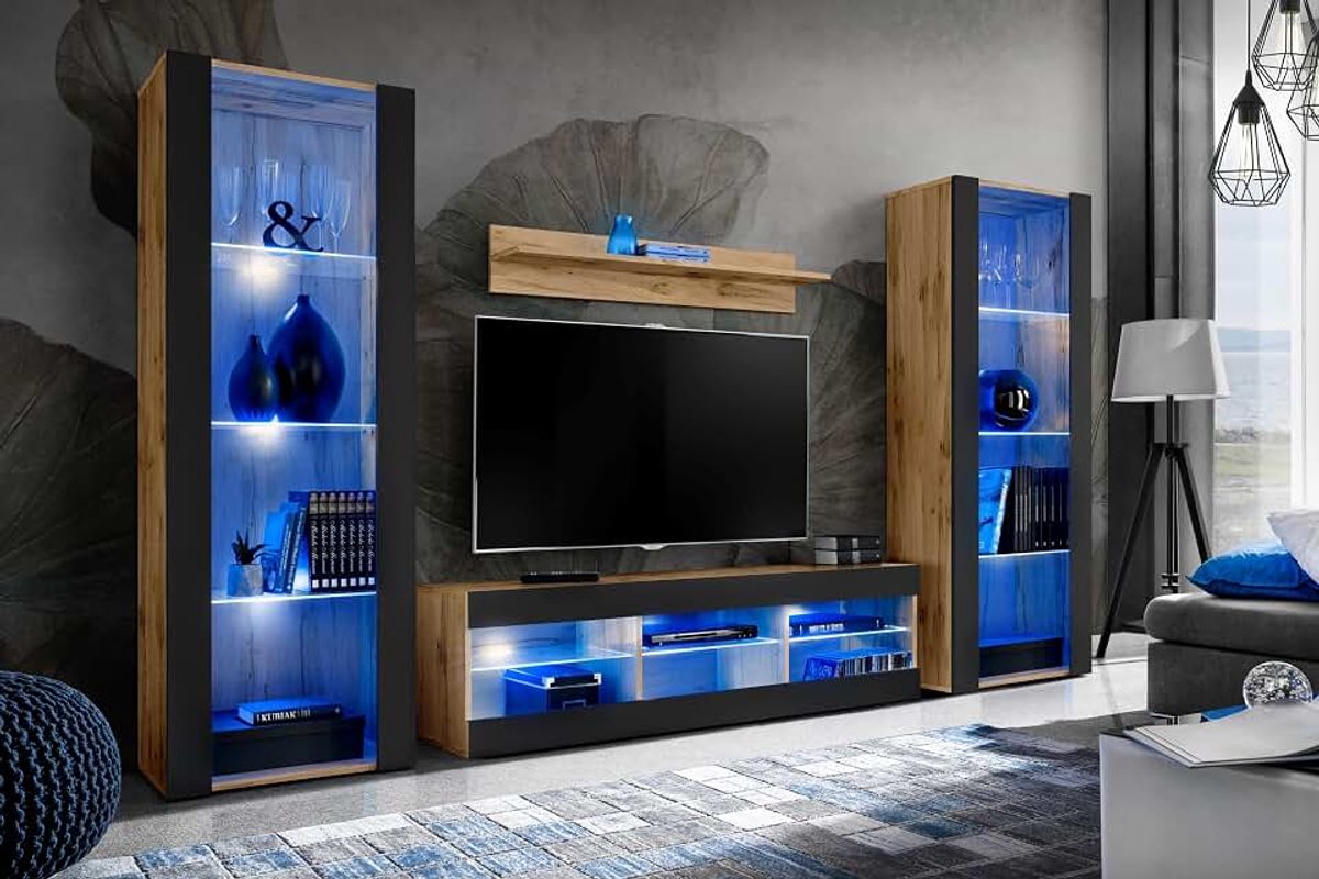 Tivoli Grande woonkamer RTV meubelset, Zwart/Wotan, Breedte 290cm x Hoogte 159cm x Diepte 35cm, Blauw LED, Voor woonkamer, Slaapkamers