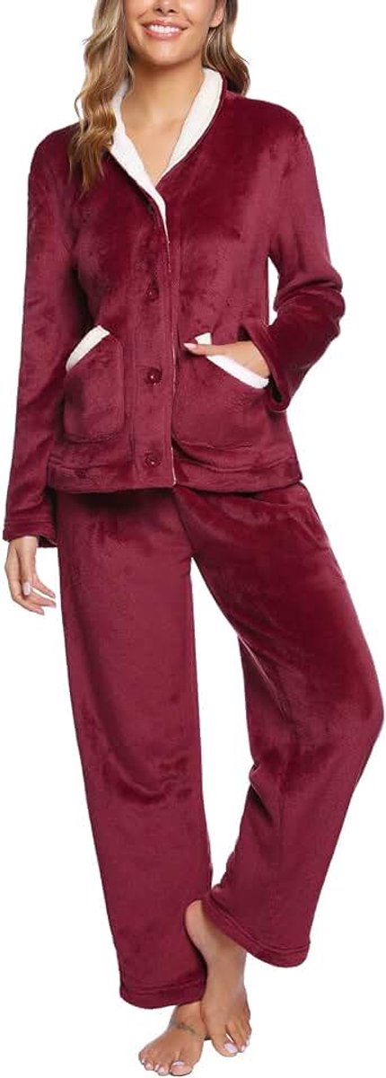 IClosam Pyjama voor dames, fleece pyjama, zachte warme nachtkleding, 2-delige pluizige pyjamasets met lange mouwen, knopen en broeken, nachtkleding met zakken