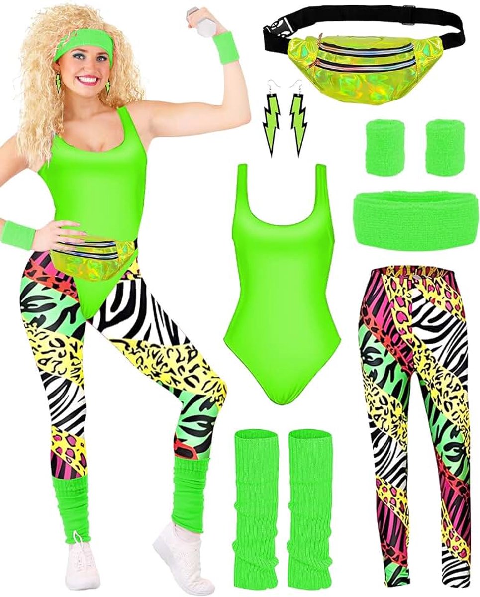 80 outfit voor dames, retro trainingspak, kostuum jaren 80 en 90 kleding, kostuumaccessoires, kleding, tricot, leggings, hoofdband, armbanden, beenwarmers, oorbellen, riemtas