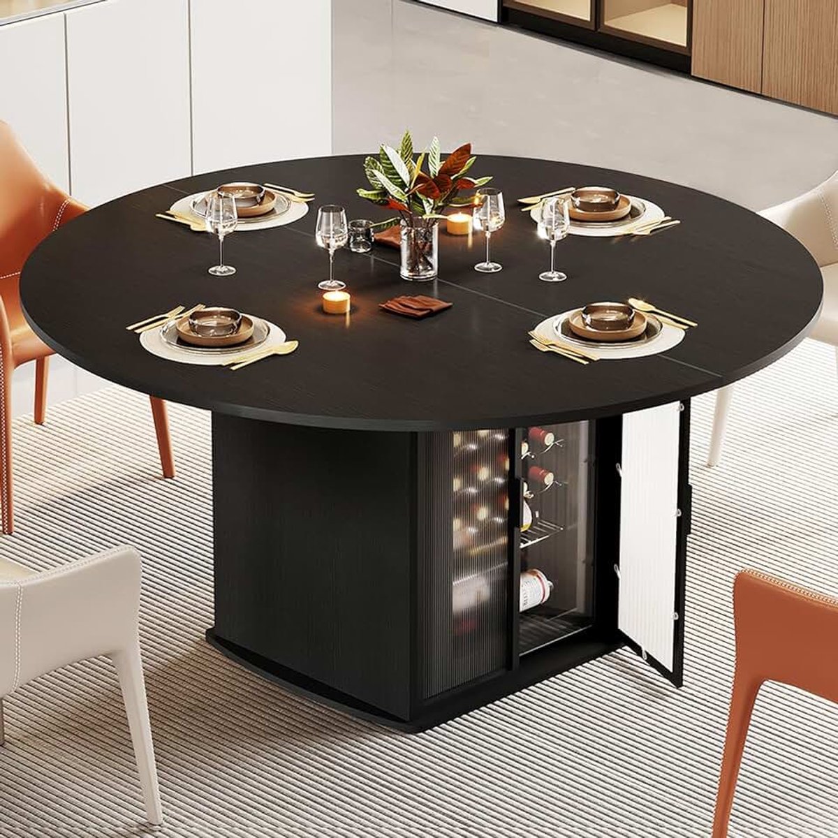 Ronde eettafel voor 4 tot 6 personen, keukentafel met koelkastruimte, moderne eettafel met opbergruimte, industriële houten tafel voor keuken, woonkamer, eiken, zwart, alleen tafel, 120 cm