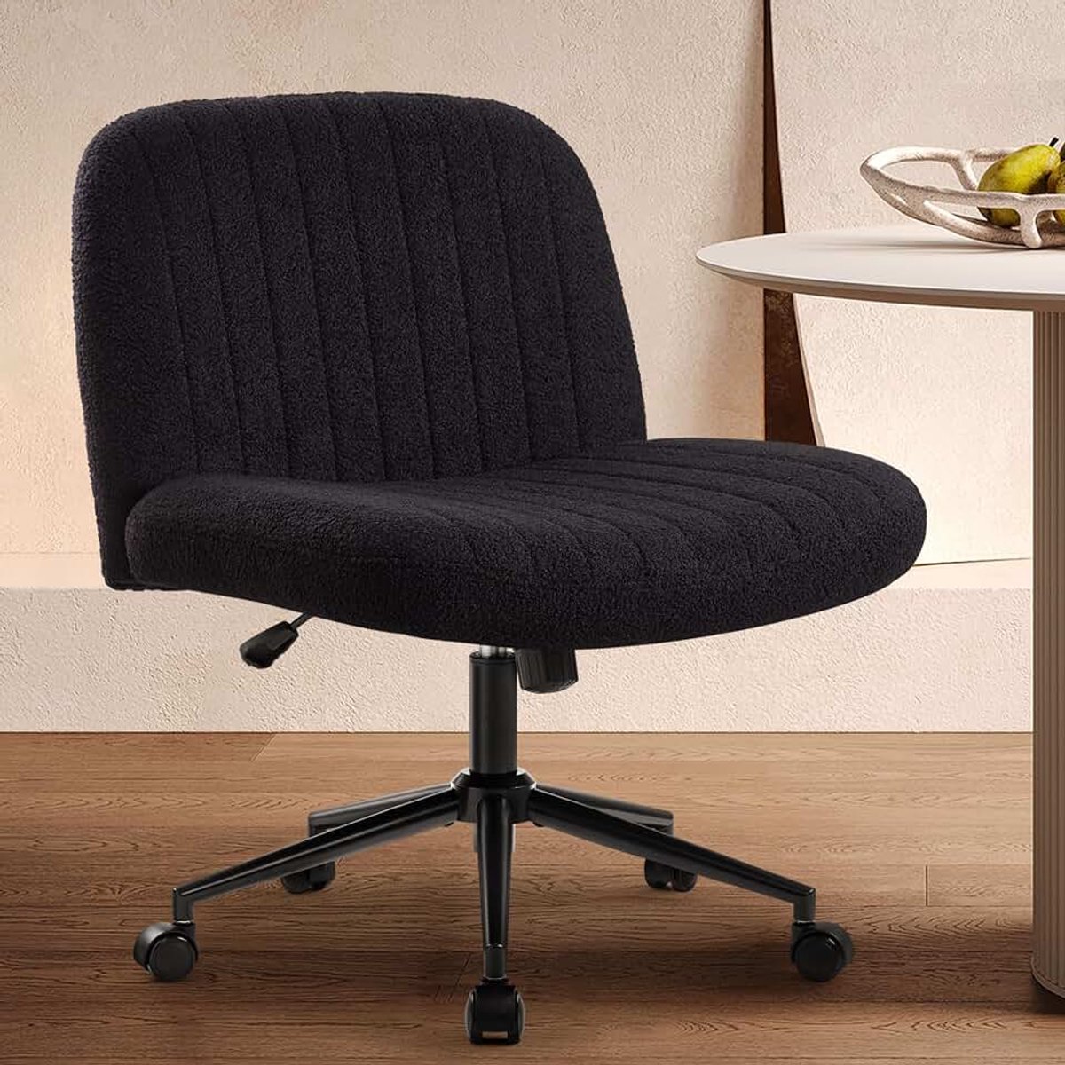 Criss Cross Stoel Kruisbeen Kantoorstoel met Wielen Armloze Brede Zitting Bureaustoel In Hoogte Verstelbaar Computer Bureaustoel Draaibare Make-Up Stoel voor Thuiskantoor Slaapkamer Make Up Teddy