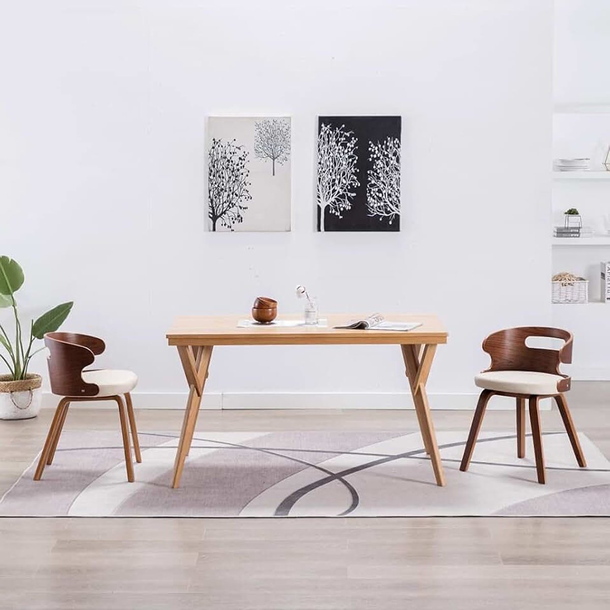 Eetkamerstoelen, 2 stuks, crème bughout en kunstleer, elegante houten stoelen met bekleding voor eetkamer en woonkamer, comfortabel zitmeubel met robuust frame, tijdloos