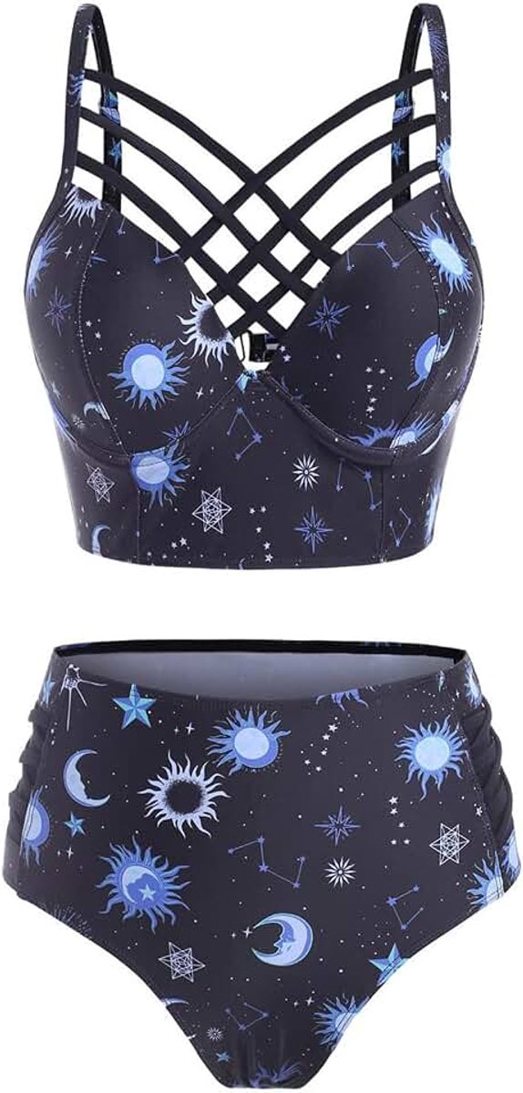Dames bikini, zomerse badkleding, zon–ster–maan print met ruitpatroon, hoog getailleerde tankini zwempak