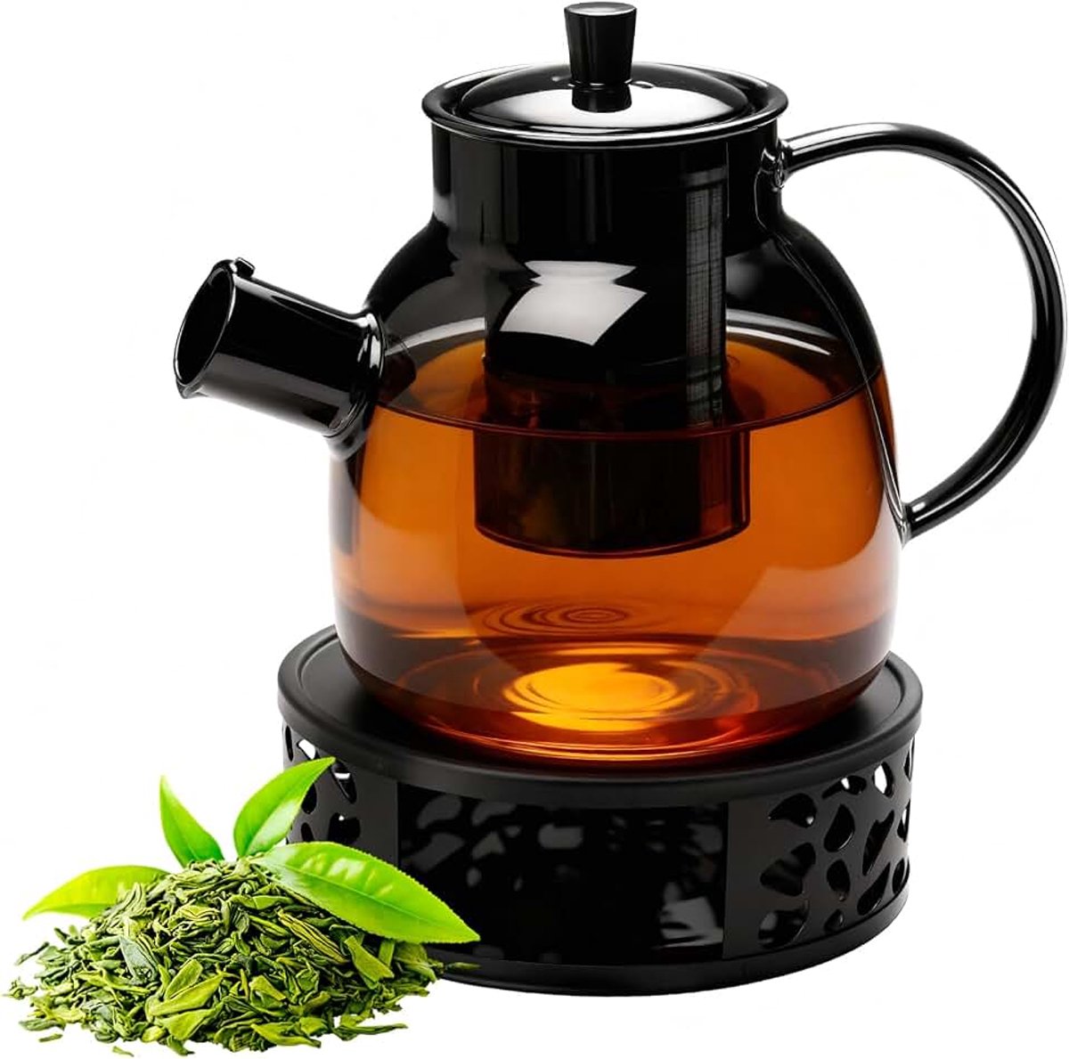 Theepot met stoofje, 1500 ml, theepot met zeef en deksel, glazen theemaker met afneembare zeefinzetstuk, hittebestendige glazen kan voor losse thee, vruchtenthee, geurende thee, bloementhee (zwart)
