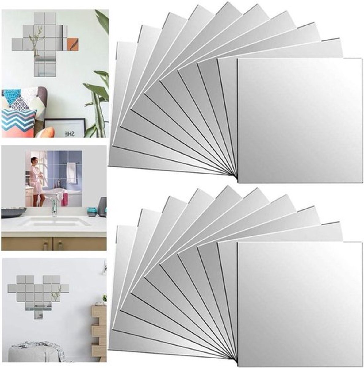 Flexibele plastic spiegelstickers voor thuisinrichting - decoratieve zelfklevende acryl muurstickers met verwijderbare instelling - wanddecoratie voor woonkamer en slaapkamer - set van spiegelvellen
