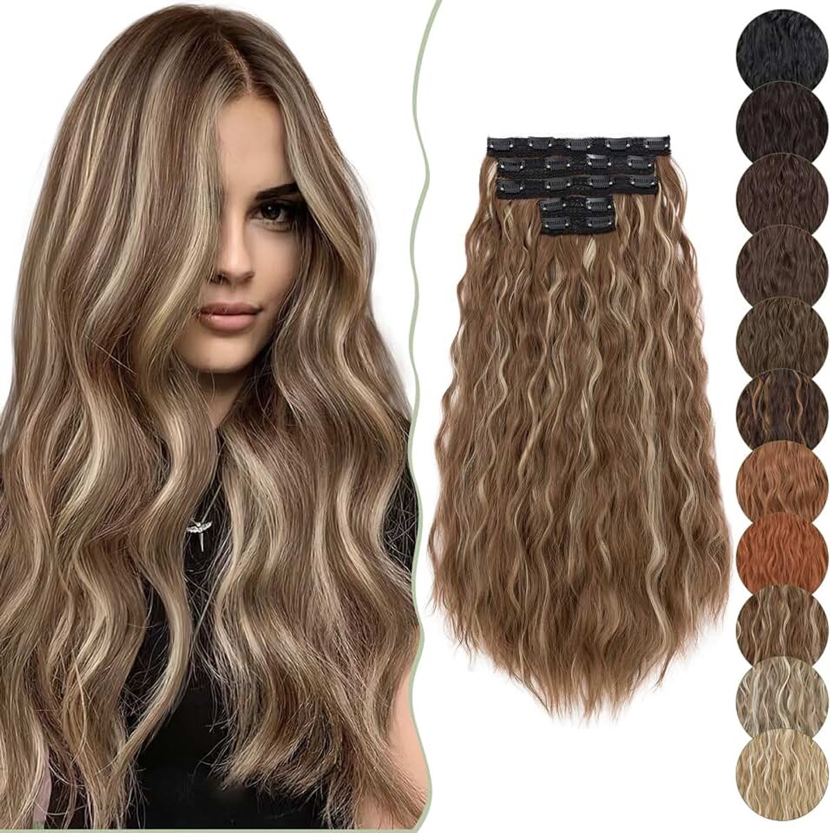 5 PCS clip in extensions zoals human hair hair extensions haarstukjes krullend golvend 60 cm goedkoop voor volle kop 250g chocolade bruin met blonde highlights