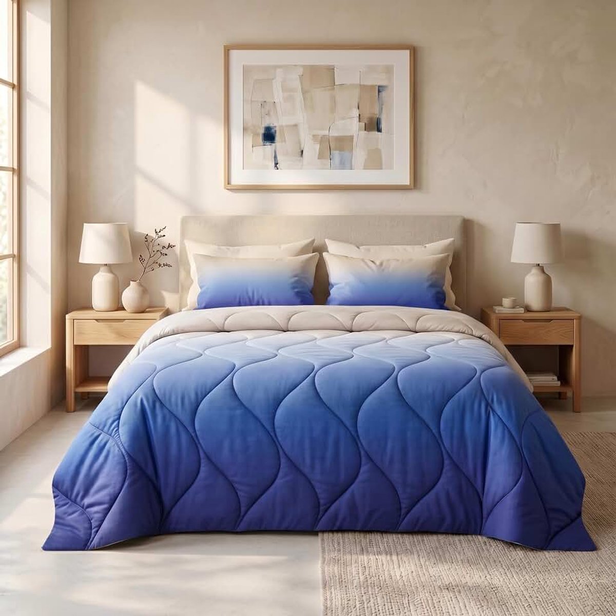 Zomerdekbed met kleurverloop, 240 x 220 cm, blauw, met 2 kussenslopen van 60 x 70 cm, dekbed zonder overtrek, licht zomerdekbed, ademend, hypoallergeen, wasbaar, camping en caravan