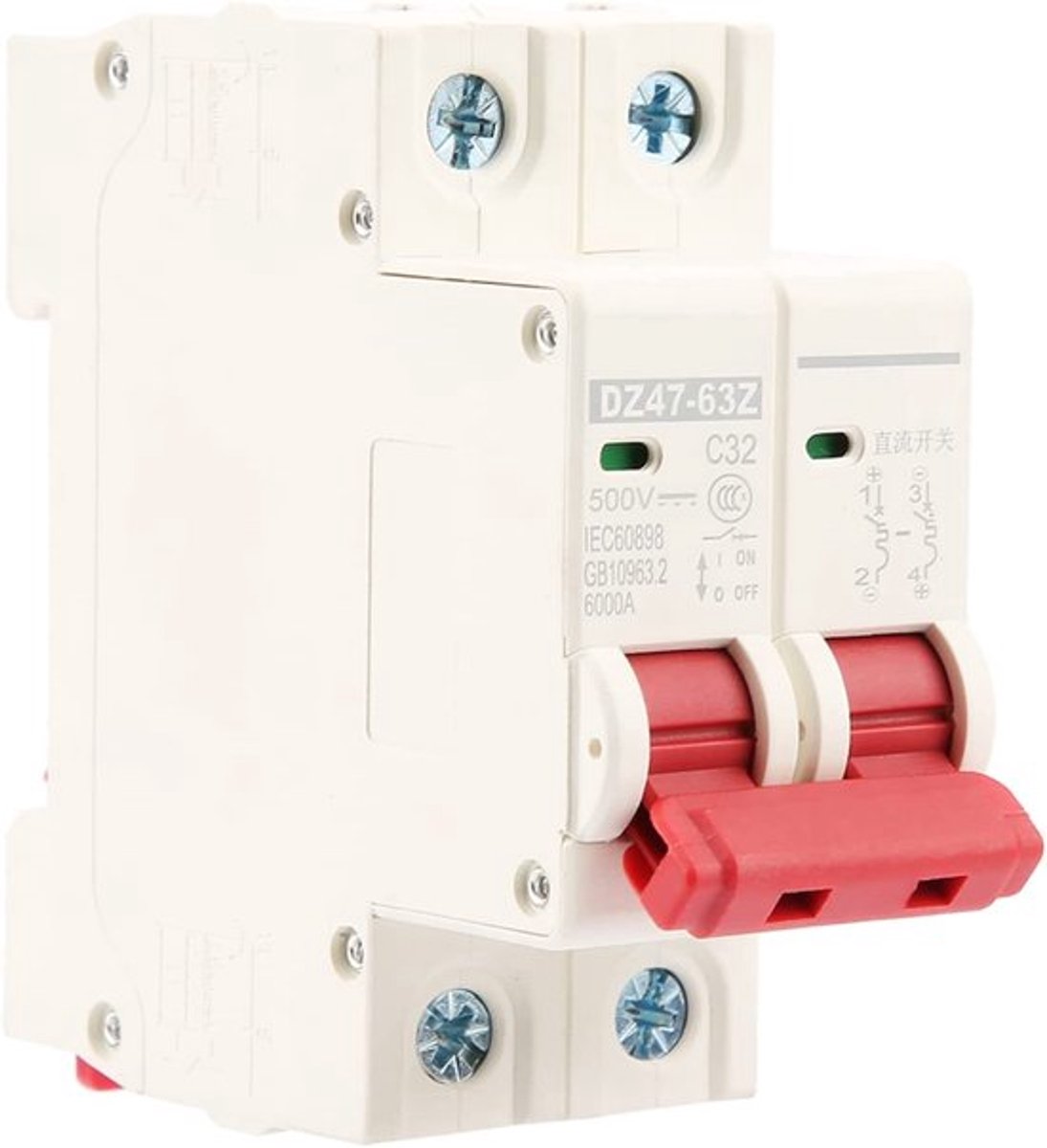 DC-stroomonderbreker - Miniatuurautomaat - Veiligheidsschakelaar - Compact formaat - 32A 500V - Geschikt voor zonnepanelen - 2-polig