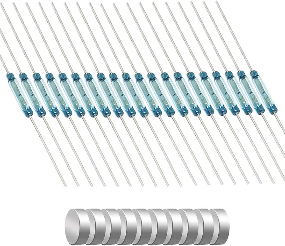 20stuks mini glazen Reedschakelaar Reedcontact Normaal open (N/O) Magnetische Inductieschakelaar (2mm x 10mm) met 10stuks Multifunctionele Magnetische plaat