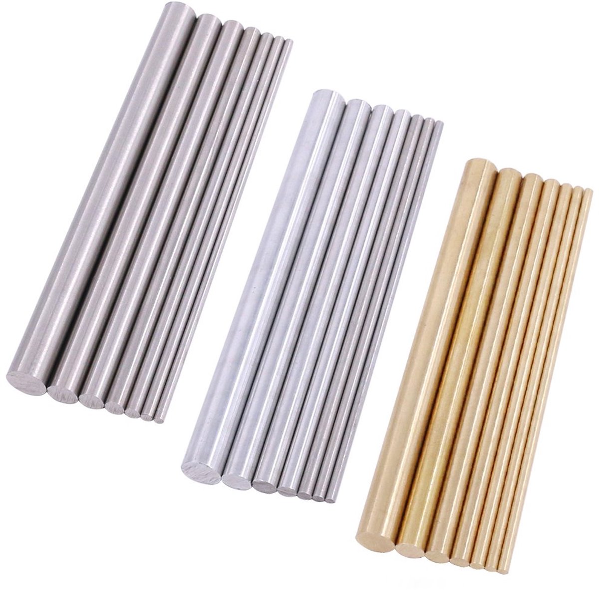 Metalen ronde staven kit, 3 soorten metalen materialen, waaronder roestvrij staal, messing en aluminium, perfect voor doe-het-zelf knutselgereedschap - diameter 2 mm-8 mm lengte 100 mm