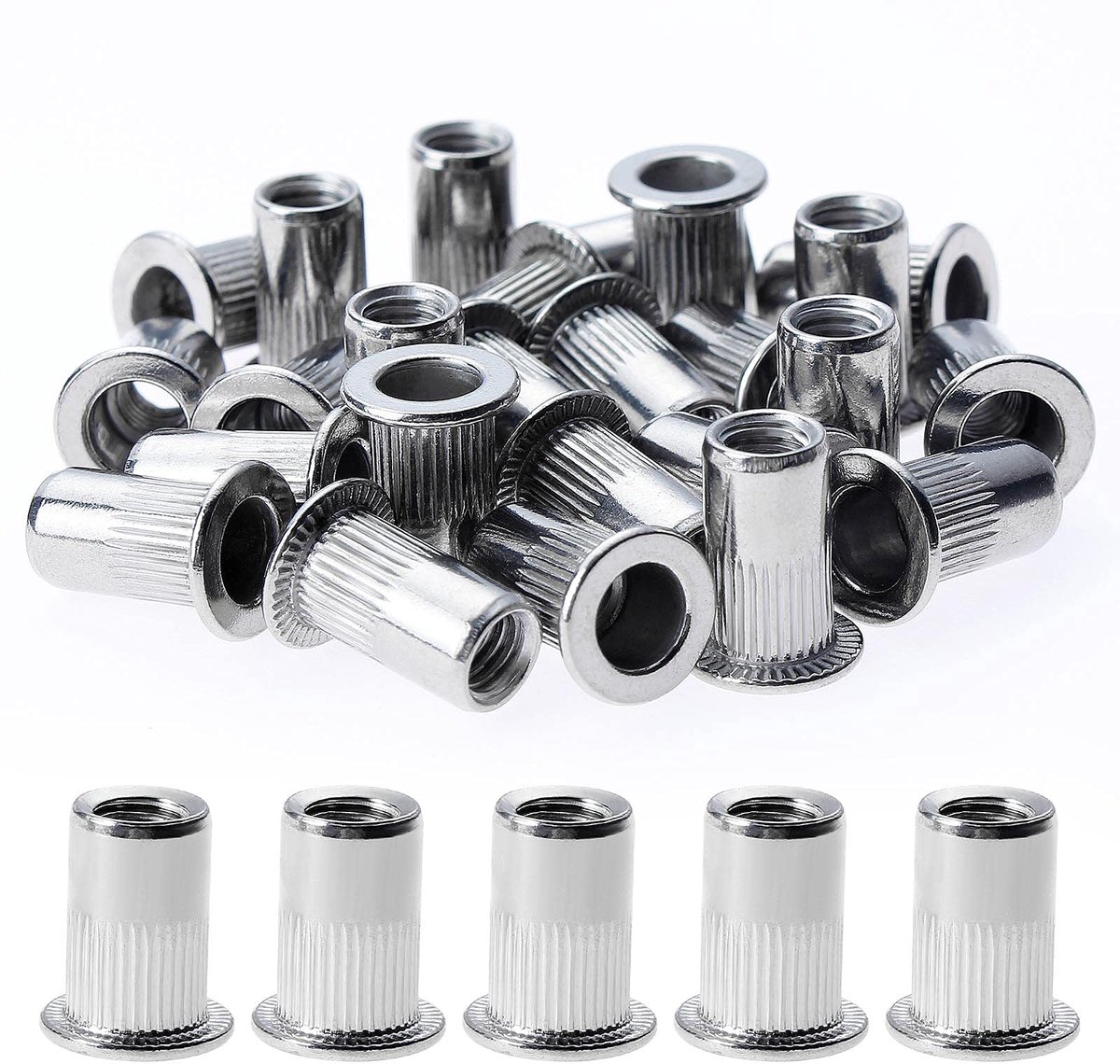 150 stuks klinknagelmoeren M5, klinknagelmoeren van roestvrij staal, platte kop, moer, assortiment voor hout, meubels, (10 mm x 12 mm)