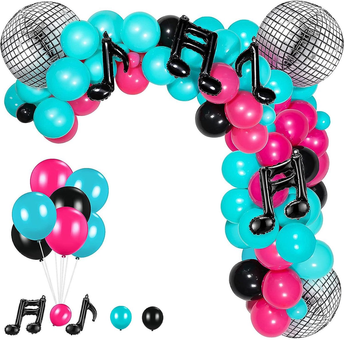 muziekthema ballonnen, helium ballonnen, rozerood, zwart, blauw, verjaardagsballonnen, jaren 80, 90, discoparty, ballonnen voor karaoke thema, band, muziek, party, DJ, korte video-decoratie