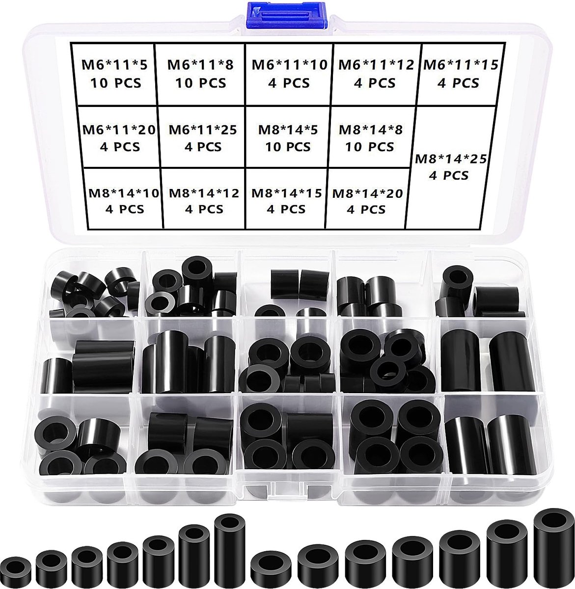 80 Stuks ABS Ronde Spacer Assortiment Kit, voor M6 / M8 Schroeven, Kolom Standoff Ondersteuning Spacer Zonder Schroefdraad, OD 11/14 mm, Zwart