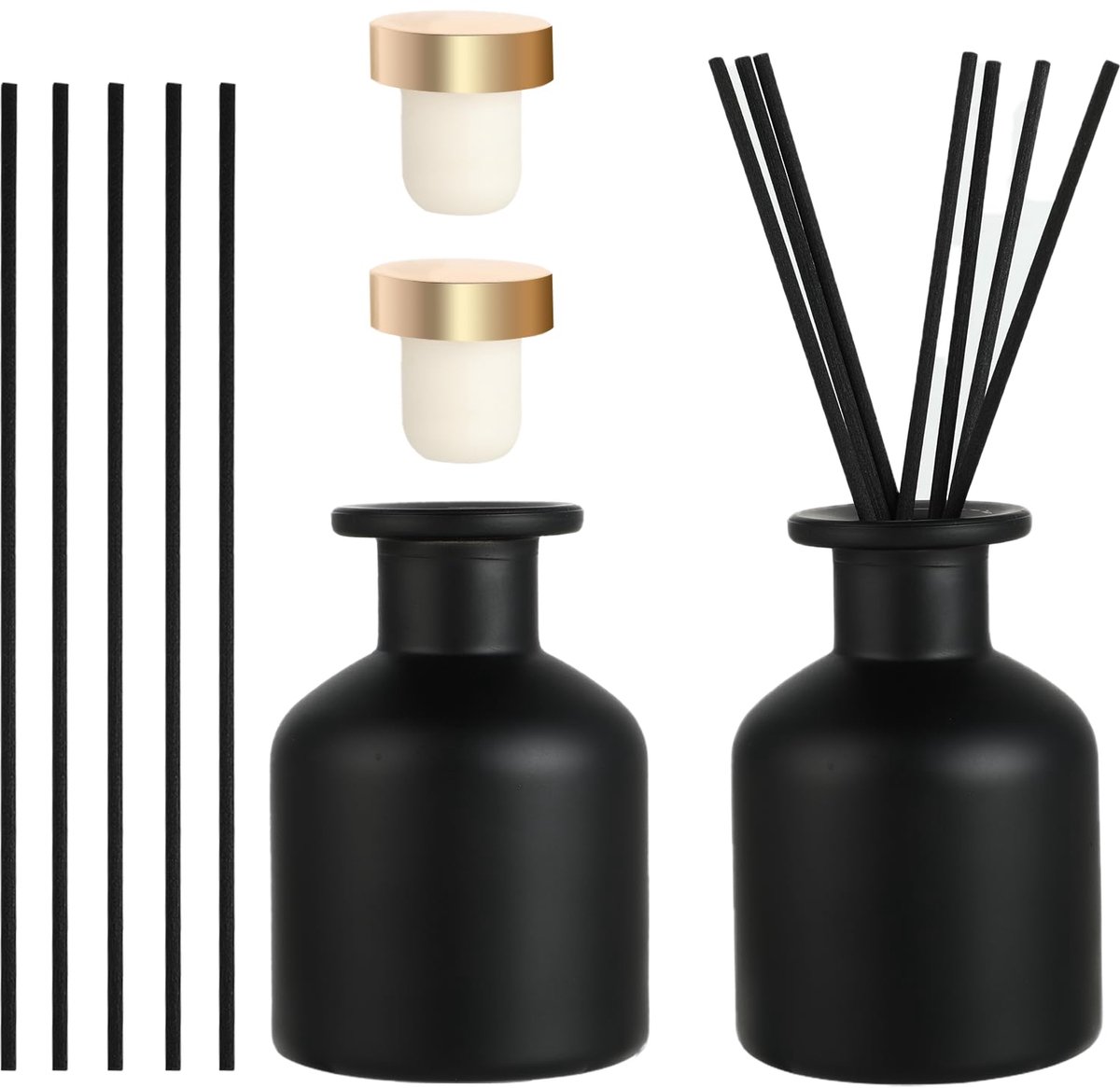 2 diffusorflessen van glas, met 12 stokjes en deksel, voor aromatherapie, ideaal voor thuis, kantoor, doe-het-zelf vervanging (zwart)