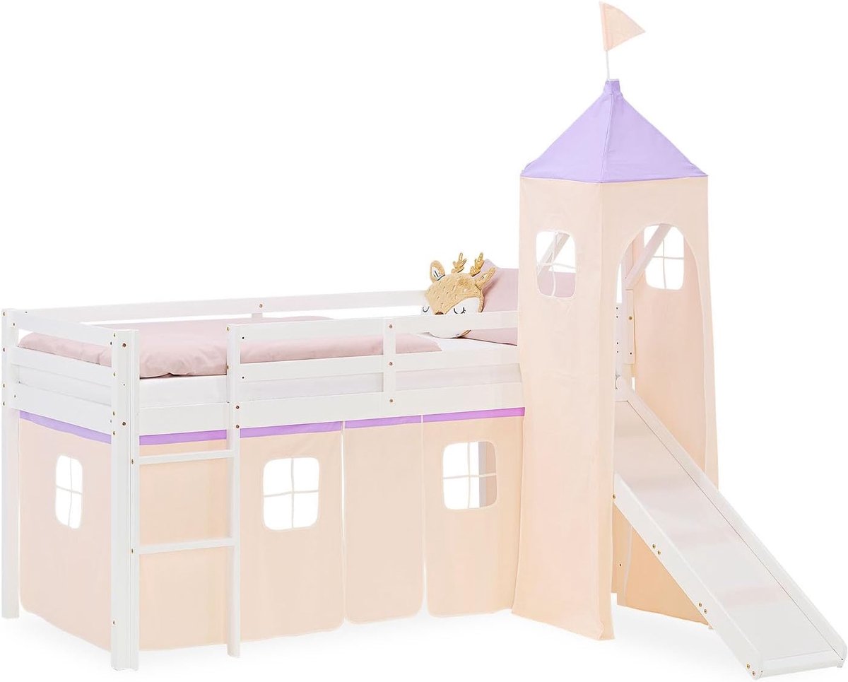 Hoogslaper met glijbaan en toren 90x200 cm wit, kinderbed van grenen, met gordijn beige paars, artikel 2951