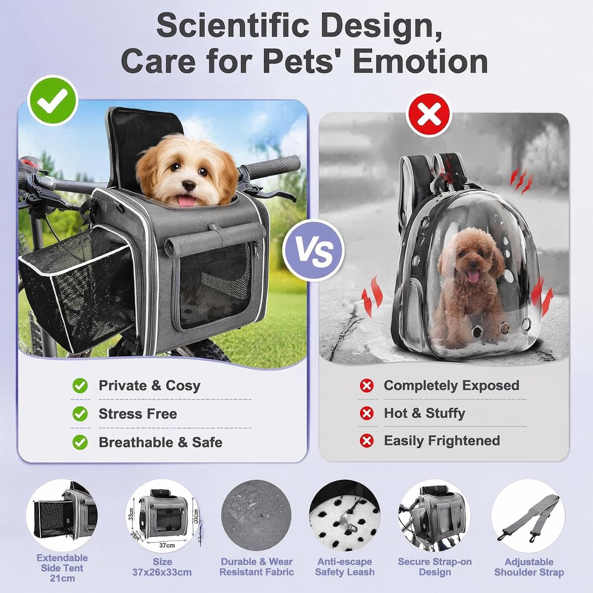 Hondenmand voor fiets tot 5 kg, 4-in-1 hondenmand voor fiets, opvouwbare ademende hondenfietsmand, uitbreidbare hondenrugzak, huisdierreistas voor katten en honden