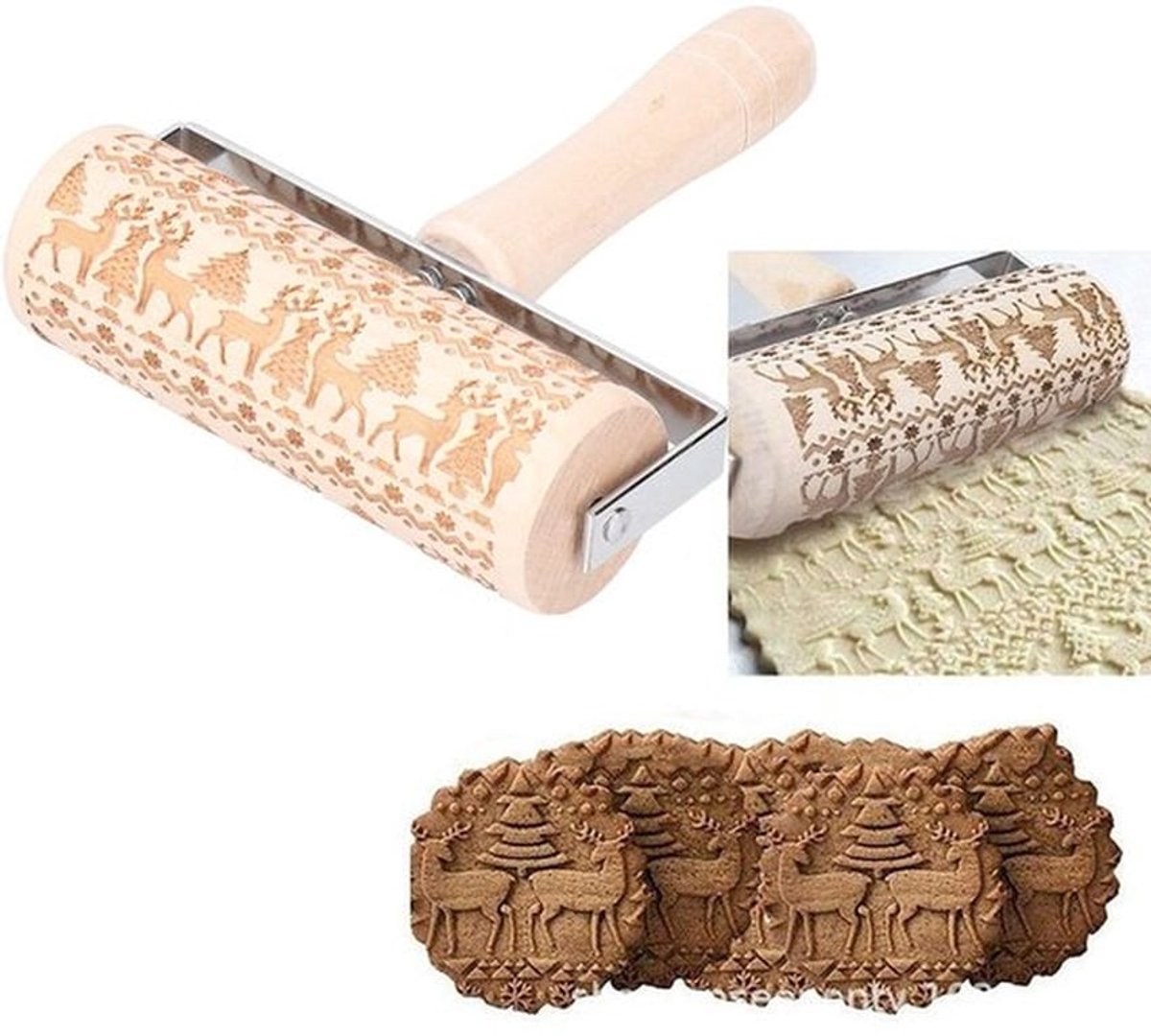 Deegroller Houten Gegraveerd - Kerstpatronen - Bakgereedschap - 38 cm - Comfortabel Handvat - Gemakkelijk Schoon te Maken - Bakrol