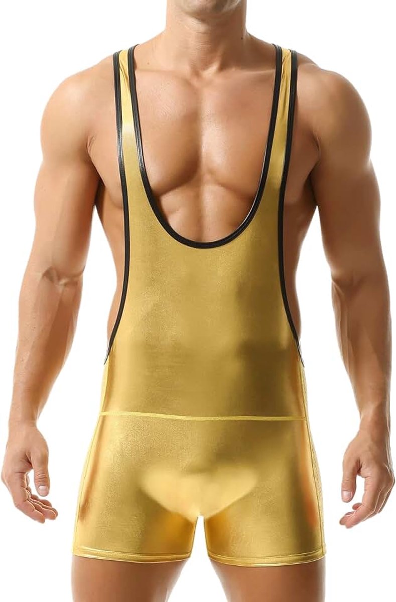 Heren worstelen singlet tricot eendelig sport jumpsuit metallic atletische supporters jockstrap S-XL