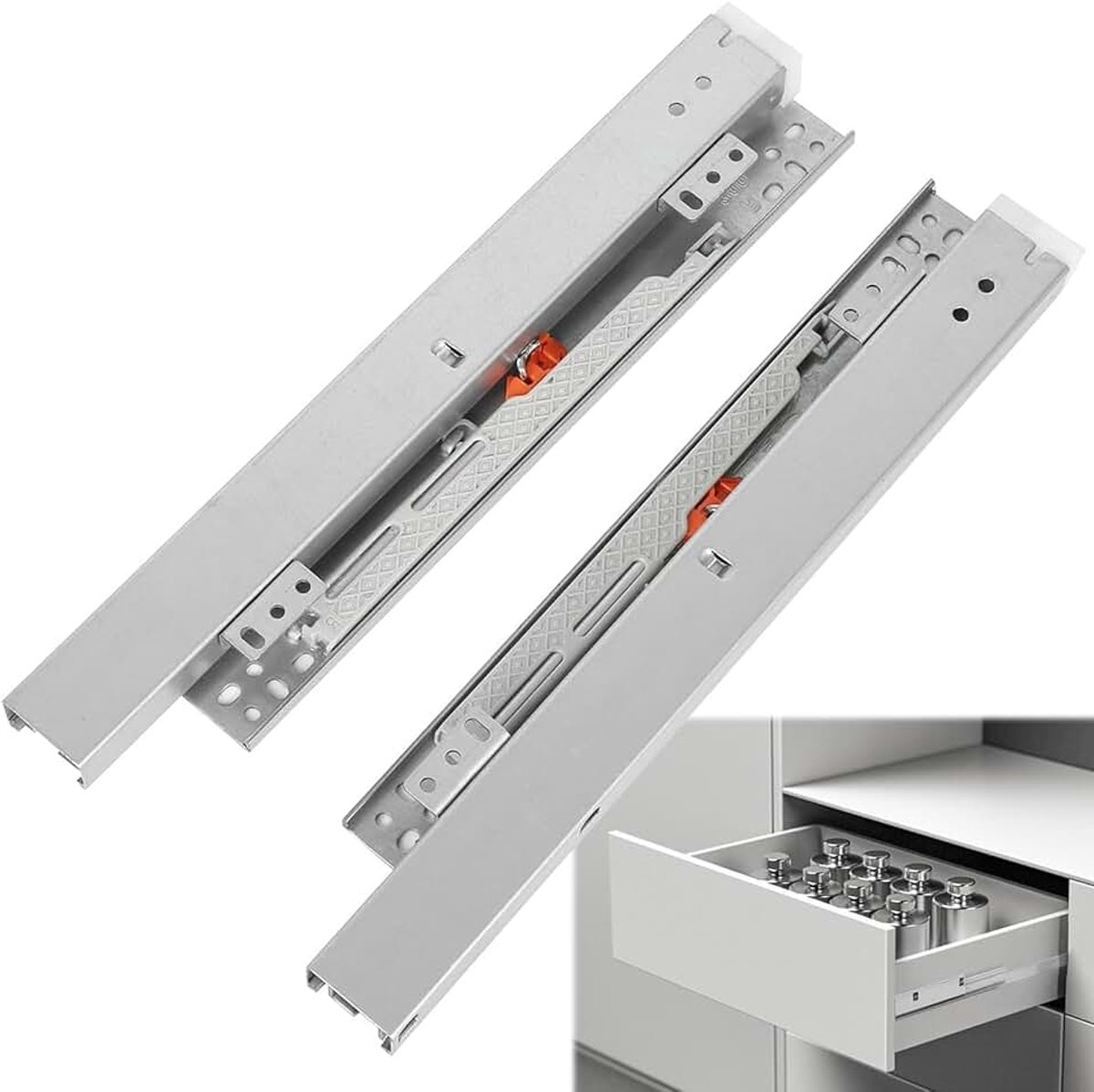 Vloermontage, laderails, 1 paar 550 mm ladegeleiders, volledig uittrekbaar, ladegeleiders met demping, telescopische rails voor vloermontage