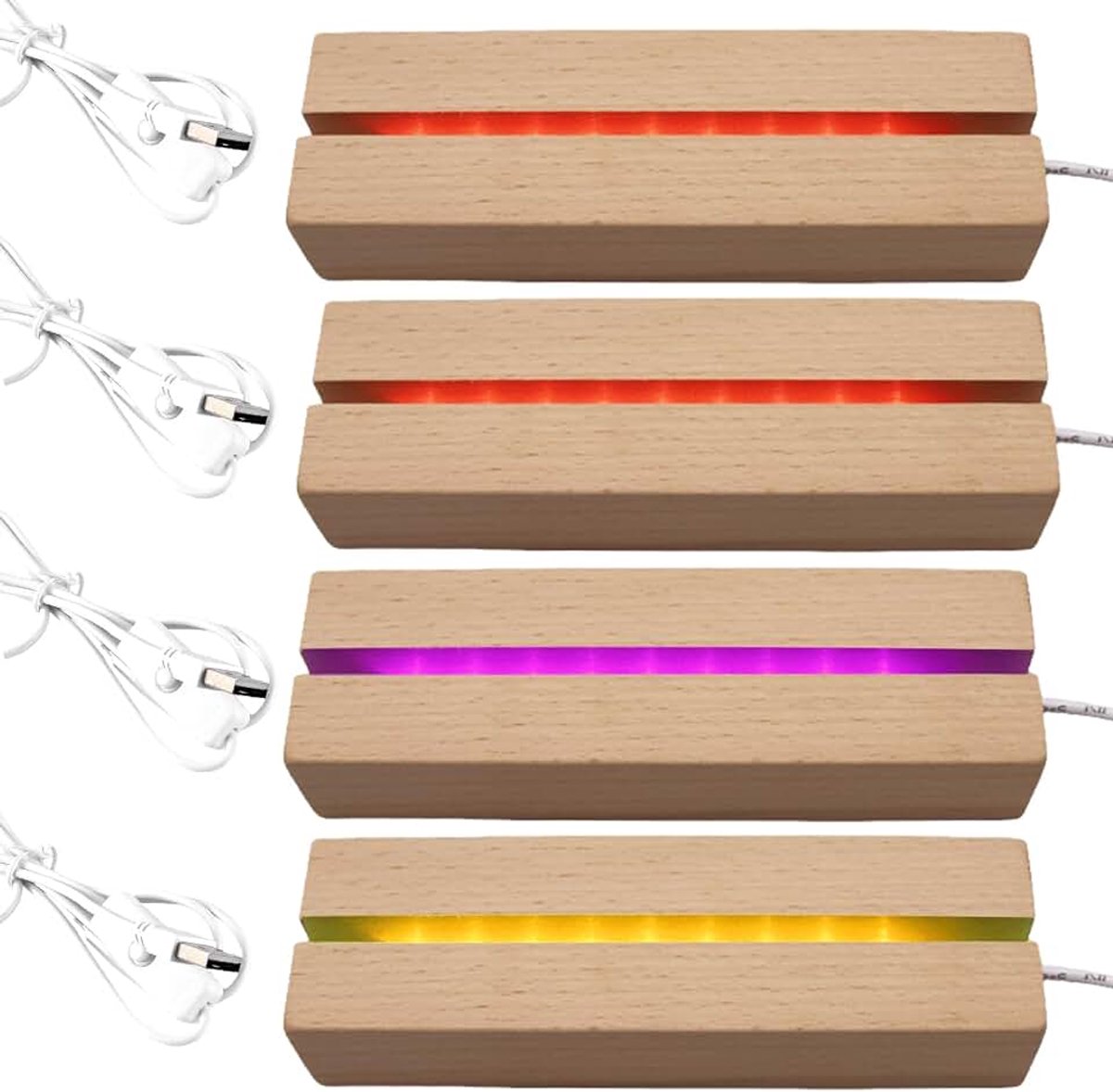 4 stuks led-sokkels, houten sokkel, lichtsokkel, led-verlichting, display, basis, hout, led-lichtsokkel, USB-lichtsokkel, ornamenten voor acrylplaat, kristallen, glasplaat (15 cm, meerkleurig)