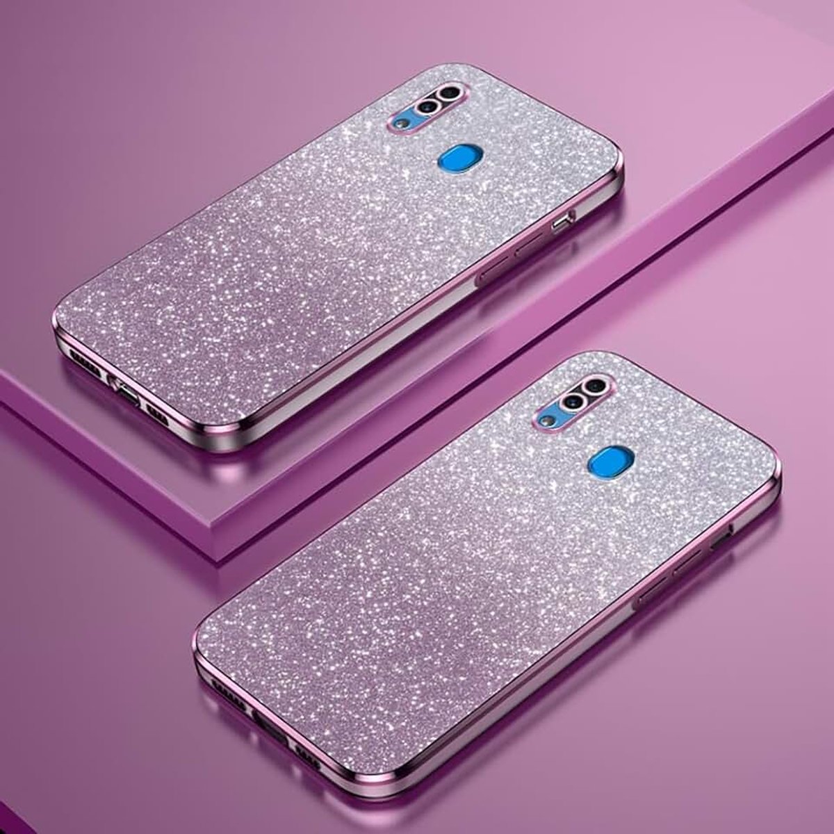 Hoesje met kleurverloop en glitters gegalvaniseerde rand, compatibel met Samsung Galaxy A20/A30, TPU slank schokbestendig telefoonhoesje